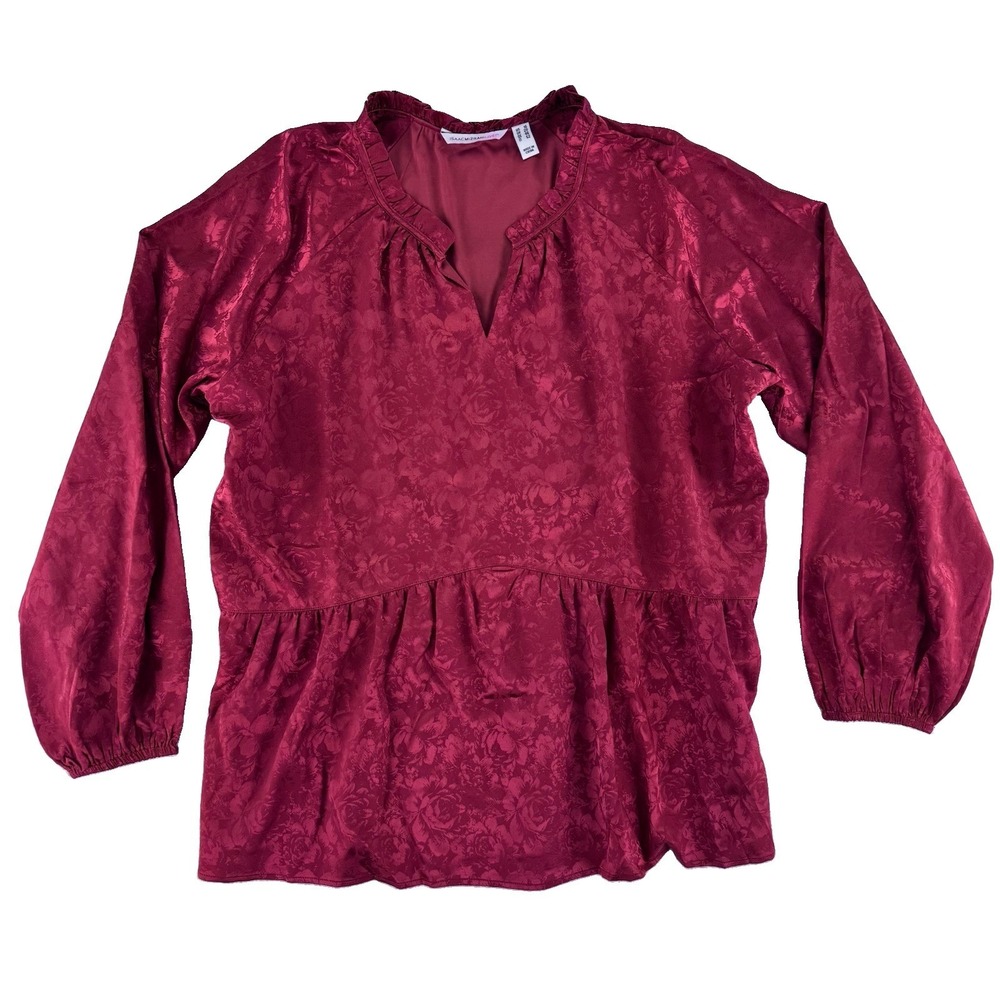 Isaac Mizrahi Live! Stretch Jacquard Shirred Peplum Blouse 16 Regular Red